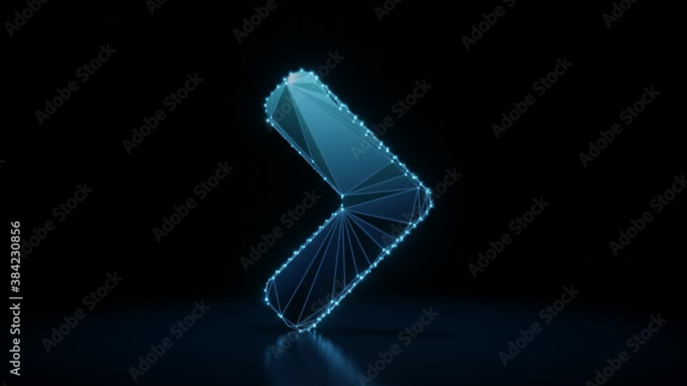 Poster 3d rendering 4k fly through wireframe neon glowing symbol of angle arrow right with bright dots on d