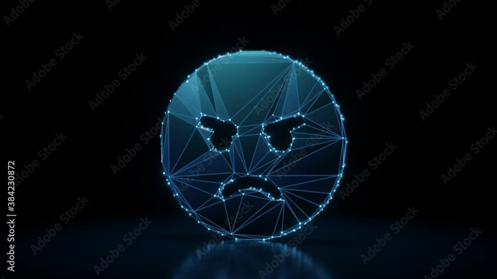 Poster 3d rendering 4k fly through wireframe neon glowing circle angry emoticon with bright dots on dark ba