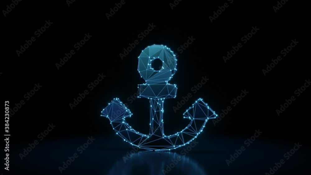 Poster 3d rendering 4k fly through wireframe neon glowing symbol of anchor with bright dots on dark backgro