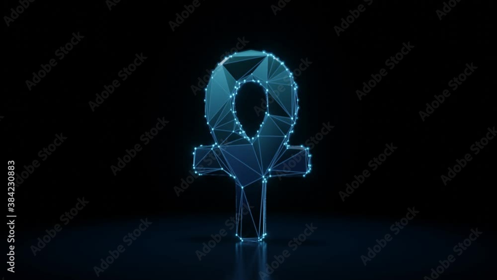Poster 3d rendering 4k fly through wireframe neon glowing symbol of ankh with bright dots on dark backgroun