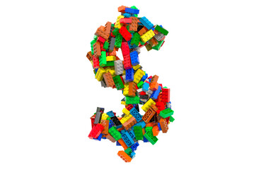 Dollar from colored plastic building blocks, 3D rendering