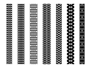 Set of tank track treads isolated on white. Various caterpillar tracks an impressed treads of heavy vehicles like tractors, bulldozers, military transport units. Continuous track brushes.