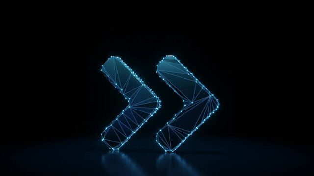 3d rendering 4k fly through wireframe neon glowing thick symbol of angle double arrow right with rounded corner with bright dots on dark background with blured reflection on floor