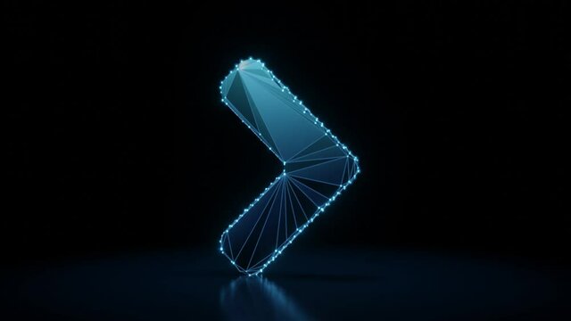 3d rendering 4k fly through wireframe neon glowing symbol of angle arrow right with bright dots on dark background with blured reflection on floor