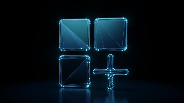 3d rendering 4k fly through wireframe neon glowing symbol of mobile application with bright dots on dark background with blured reflection on floor