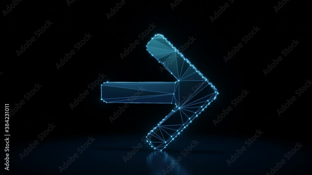 Poster 3d rendering 4k fly through wireframe neon glowing symbol of arrow right with bright dots on dark ba