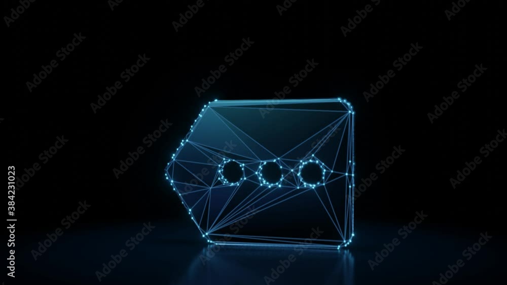 Poster 3d rendering 4k fly through wireframe neon glowing symbol of left information label arrow with brigh
