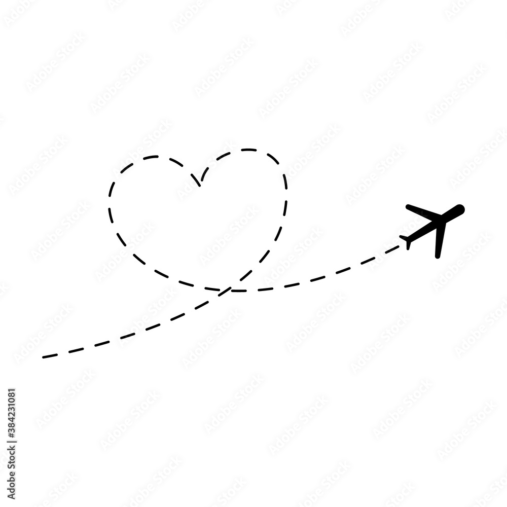 Poster airplane route vector illustration. heart dashed lines path with start point and dash line trace iso