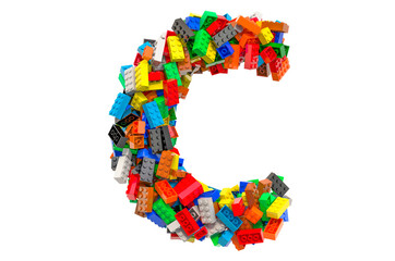 Letter C from colored plastic building blocks, 3D rendering