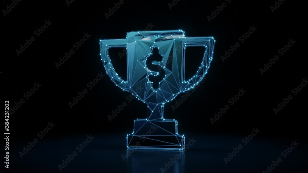 Poster 3d rendering 4k fly through wireframe neon glowing symbol of award cup with dollar sign with bright 
