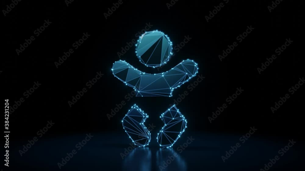 Poster 3d rendering 4k fly through wireframe neon glowing symbol of baby with bright dots on dark backgroun