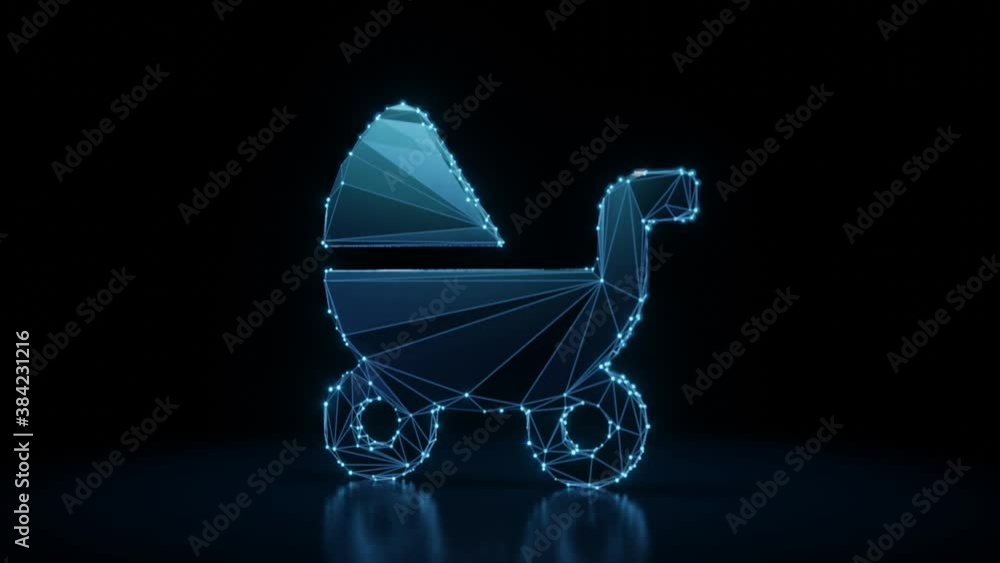 Poster 3d rendering 4k fly through wireframe neon glowing symbol of baby carriage with two wheels towards l