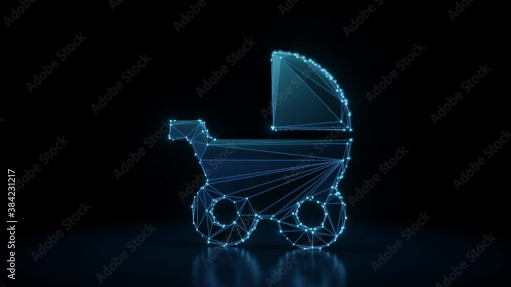 Poster 3d rendering 4k fly through wireframe neon glowing symbol of baby stroller towards right with bright