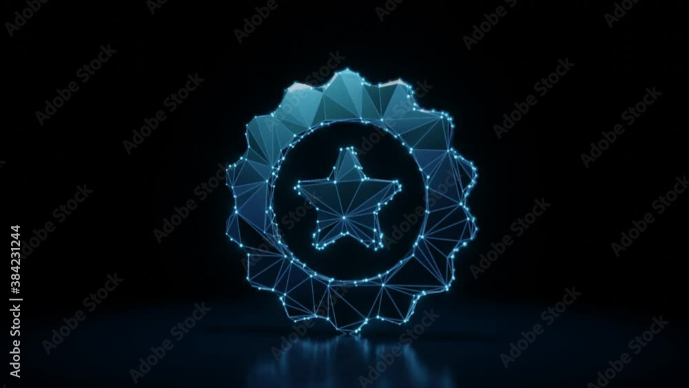 Poster 3d rendering 4k fly through wireframe neon glowing symbol of badge with start with bright dots on da