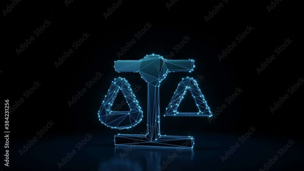 Poster 3d rendering 4k fly through wireframe neon glowing symbol of balance scale with bright dots on dark 