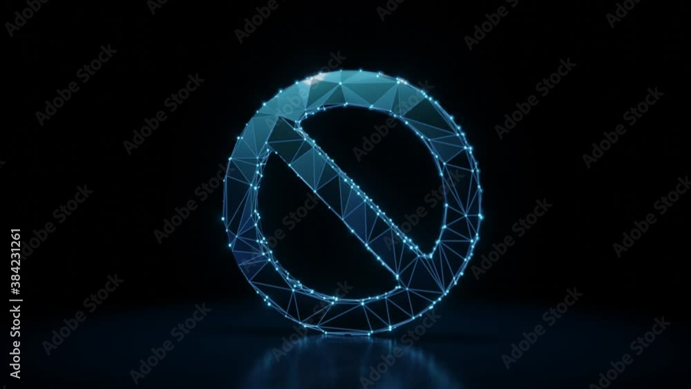 Poster 3d rendering 4k fly through wireframe neon glowing symbol of circle ban sign with bright dots on dar