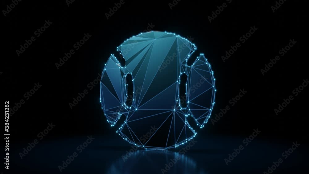 Poster 3d rendering 4k fly through wireframe neon glowing symbol of baseball ball with bright dots on dark 