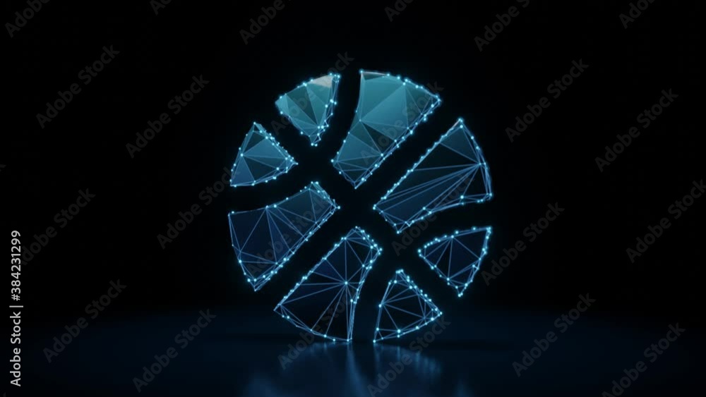 Poster 3d rendering 4k fly through wireframe neon glowing symbol of basketball ball with bright dots on dar