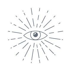 Obraz premium Human world eye with rays. Illuminati logo. World order symbol all-seeing eye of providence. Masonic Lodge vector illustration isolated on white background