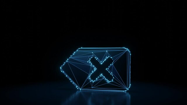 3d rendering 4k fly through wireframe neon glowing symbol of backspace button with cross with bright dots on dark background with blured reflection on floor