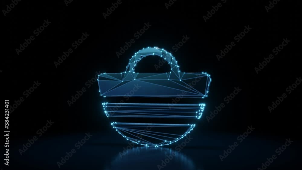 Poster 3d rendering 4k fly through wireframe neon glowing symbol of beach bag with stripes with bright dots