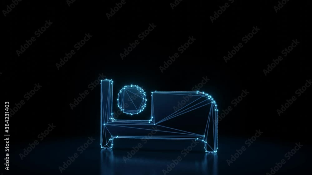 Poster 3d rendering 4k fly through wireframe neon glowing symbol of bed with person inside with bright dots