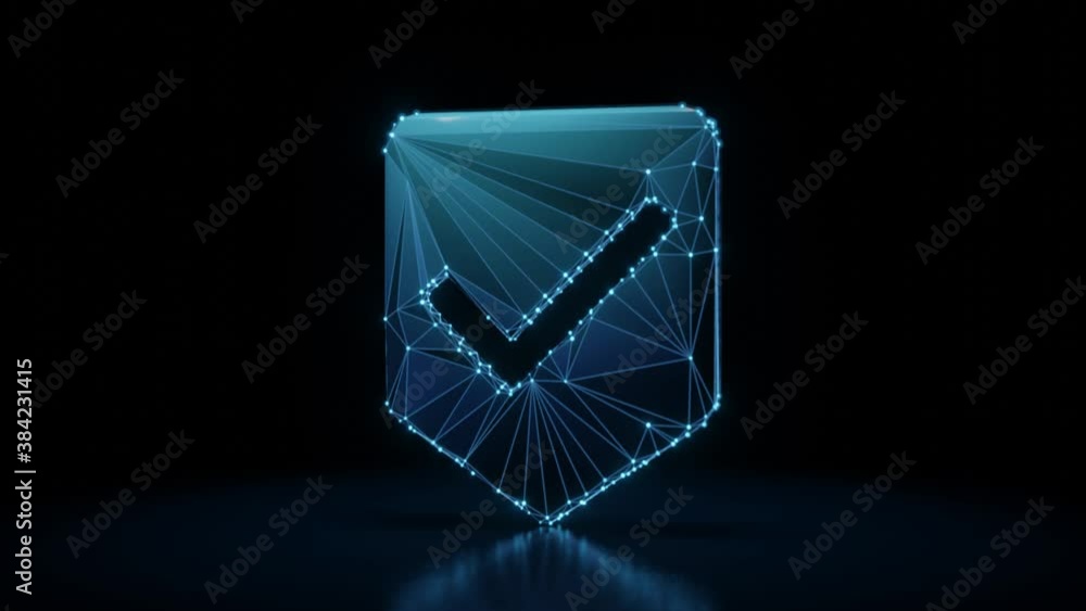 Poster 3d rendering 4k fly through wireframe neon glowing symbol of been here marker with ok sign with brig