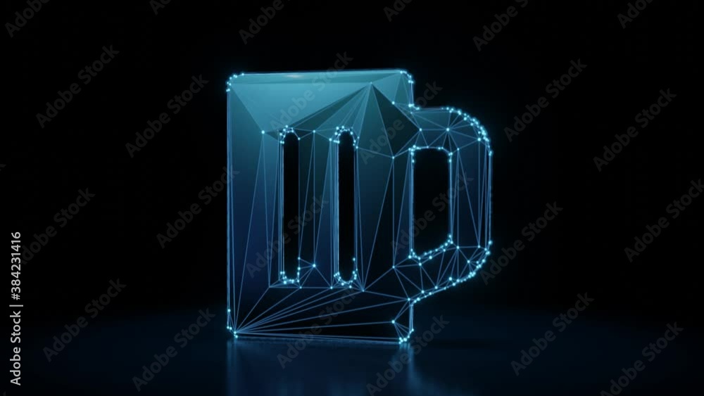 Poster 3d rendering 4k fly through wireframe neon glowing symbol of glass of beer with bright dots on dark 