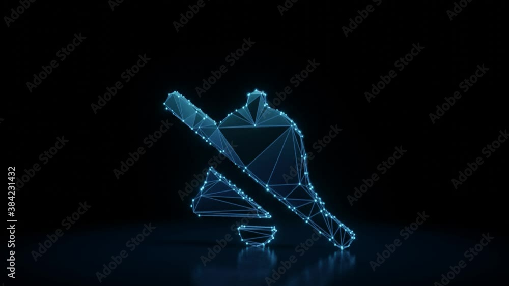 Poster 3d rendering 4k fly through wireframe neon glowing symbol of bell slash with bright dots on dark bac