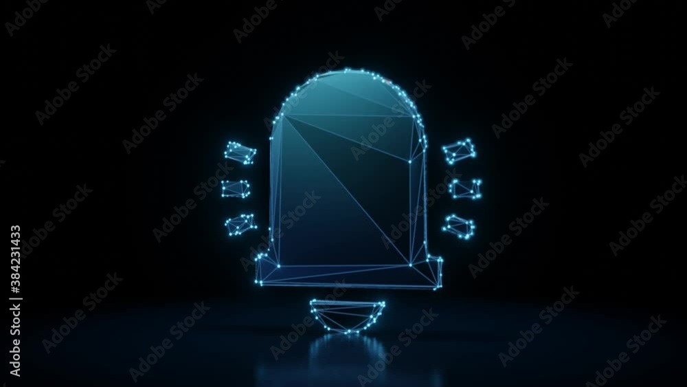 Poster 3d rendering 4k fly through wireframe neon glowing symbol of bell with sound waves with bright dots 