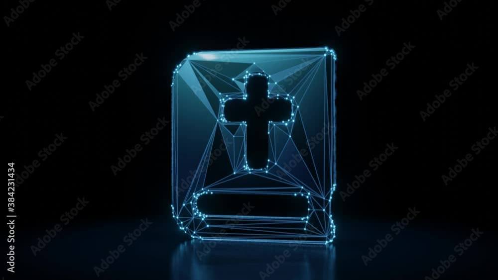 Poster 3d rendering 4k fly through wireframe neon glowing symbol of bible with bright dots on dark backgrou