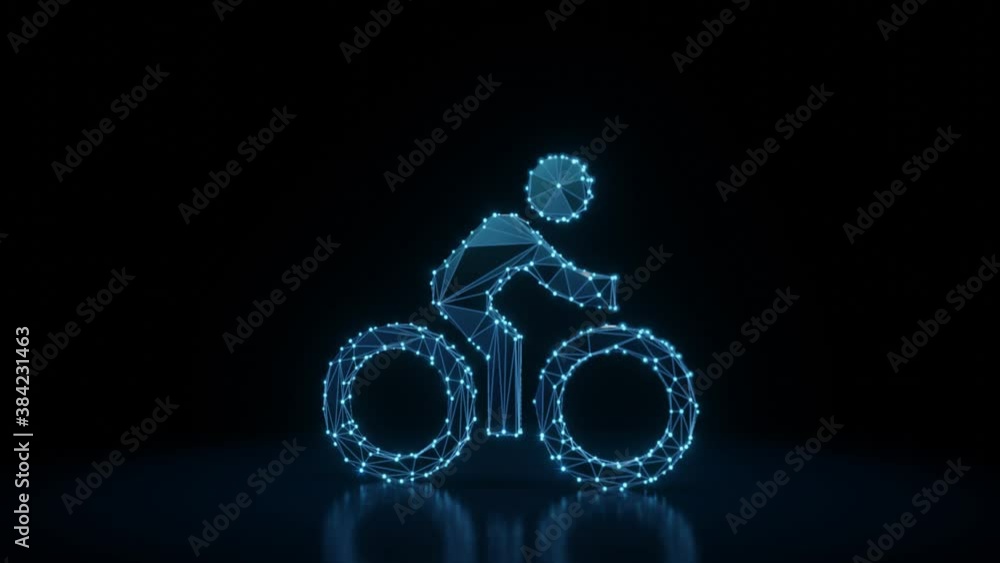 Poster 3d rendering 4k fly through wireframe neon glowing symbol of bike with rider with bright dots on dar