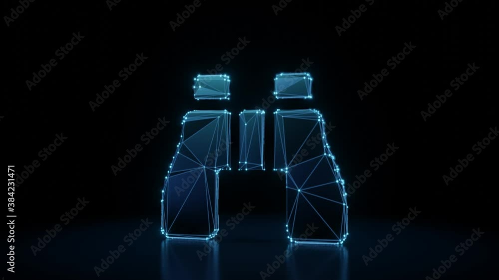 Poster 3d rendering 4k fly through wireframe neon glowing symbol of binoculars with bright dots on dark bac