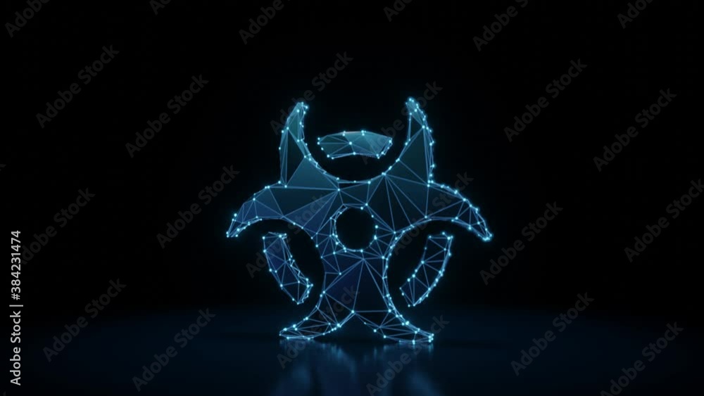 Poster 3d rendering 4k fly through wireframe neon glowing symbol of biohazard sign with bright dots on dark