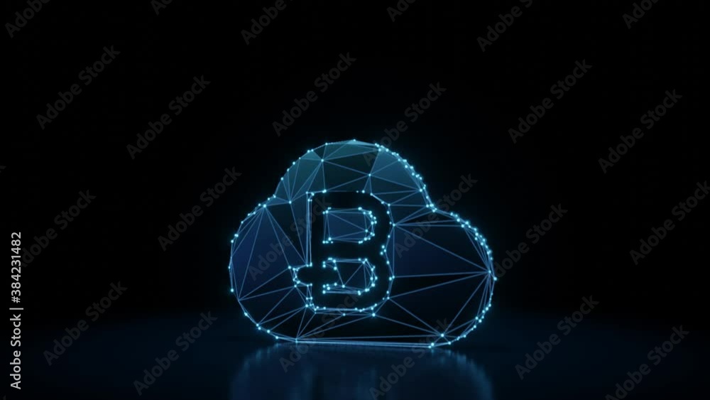 Poster 3d rendering 4k fly through wireframe neon glowing symbol of bitcoin in cloud with bright dots on da