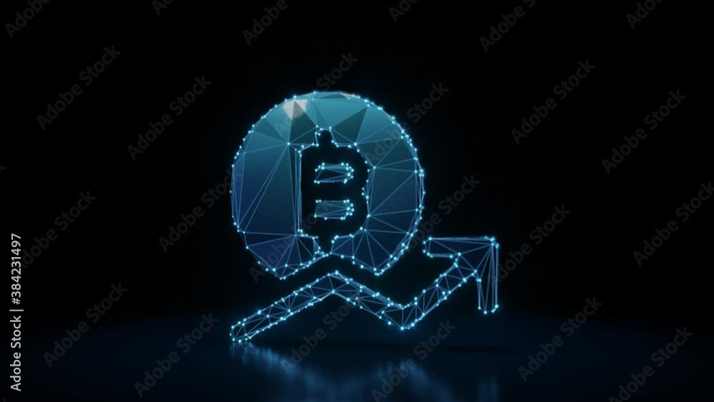 Poster 3d rendering 4k fly through wireframe neon glowing symbol of bitcoin with growing trend with bright 