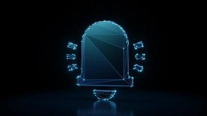 3d rendering 4k fly through wireframe neon glowing symbol of bell with sound waves with bright dots on dark background with blured reflection on floor - Powered by Adobe