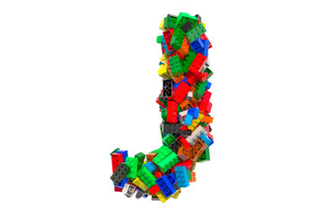 Letter J from colored plastic building blocks, 3D rendering