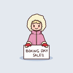 Cute kid with winter clothing holding boxing day sale banner