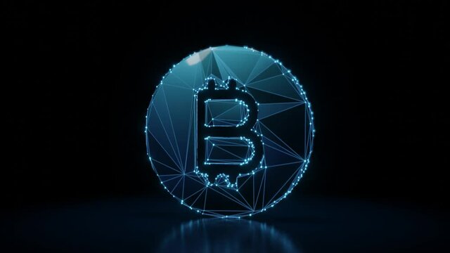 3d rendering 4k fly through wireframe neon glowing symbol of bitcoin as coin with bright dots on dark background with blured reflection on floor