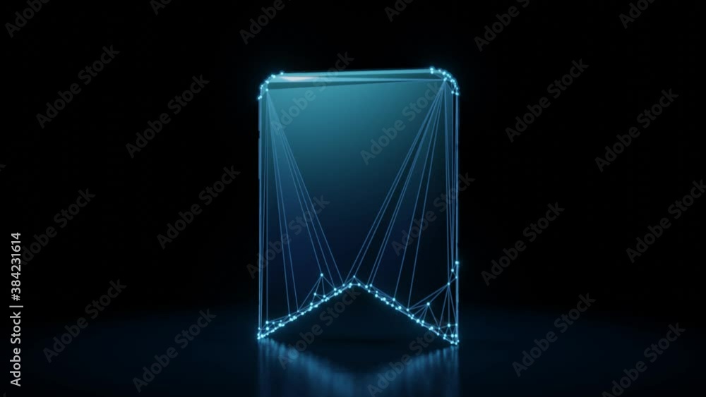 Poster 3d rendering 4k fly through wireframe neon glowing symbol of bookmark with bright dots on dark backg