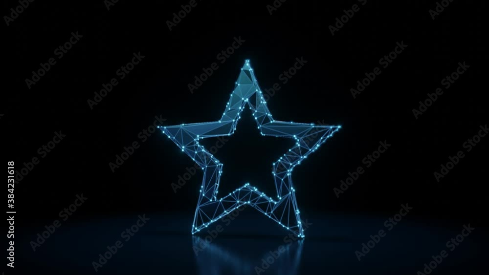 Poster 3d rendering 4k fly through wireframe neon glowing symbol of bookmark star button with bright dots o