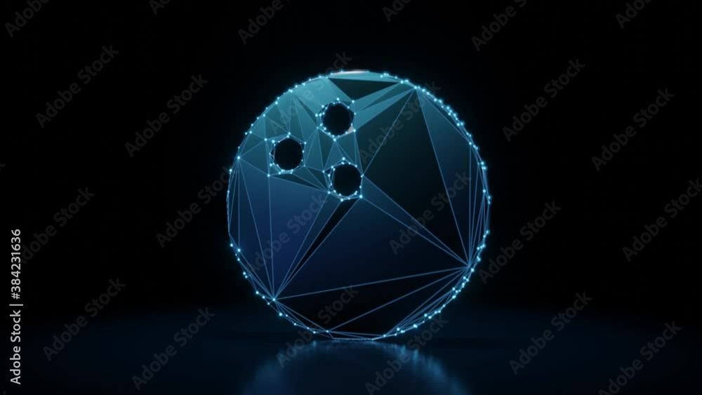 Poster 3d rendering 4k fly through wireframe neon glowing symbol of bowling ball with bright dots on dark b