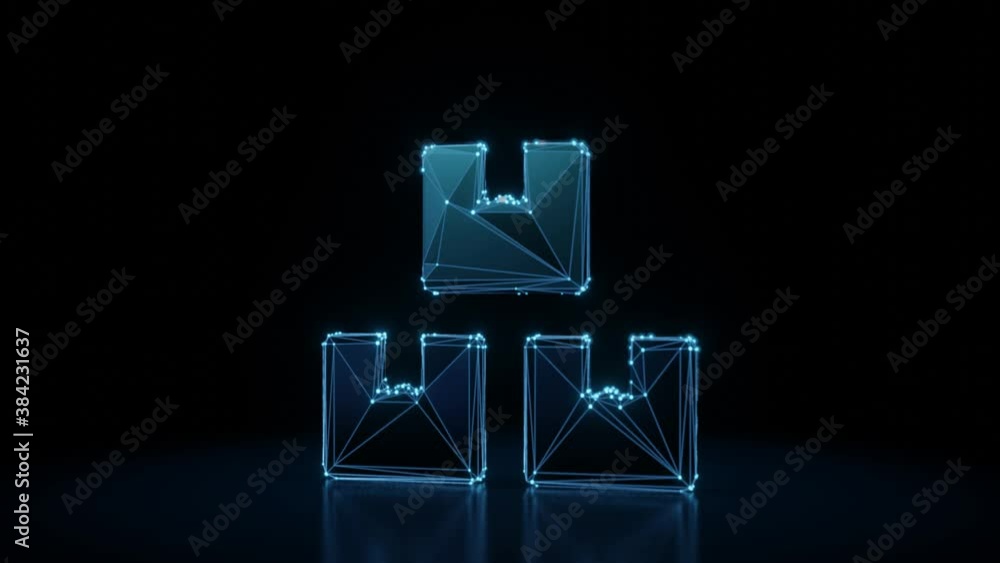 Poster 3d rendering 4k fly through wireframe neon glowing symbol of three boxes belted with tape with brigh