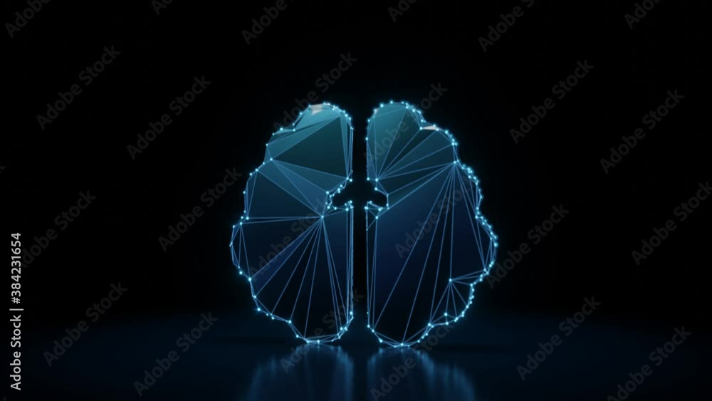 Poster 3d rendering 4k fly through wireframe neon glowing symbol of brain hemisphere with bright dots on da