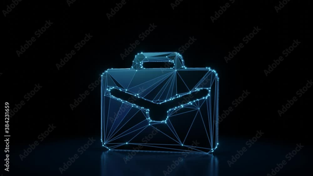 Wall mural 3d rendering 4k fly through wireframe neon glowing symbol of briefcase with bright dots on dark back