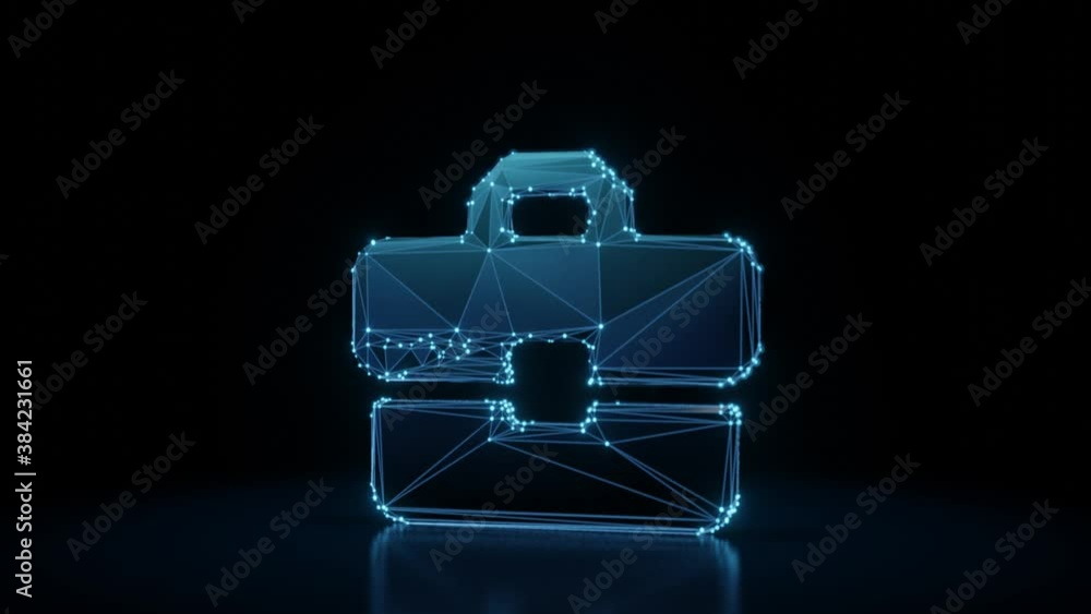 Poster 3d rendering 4k fly through wireframe neon glowing symbol of briefcase with bright dots on dark back