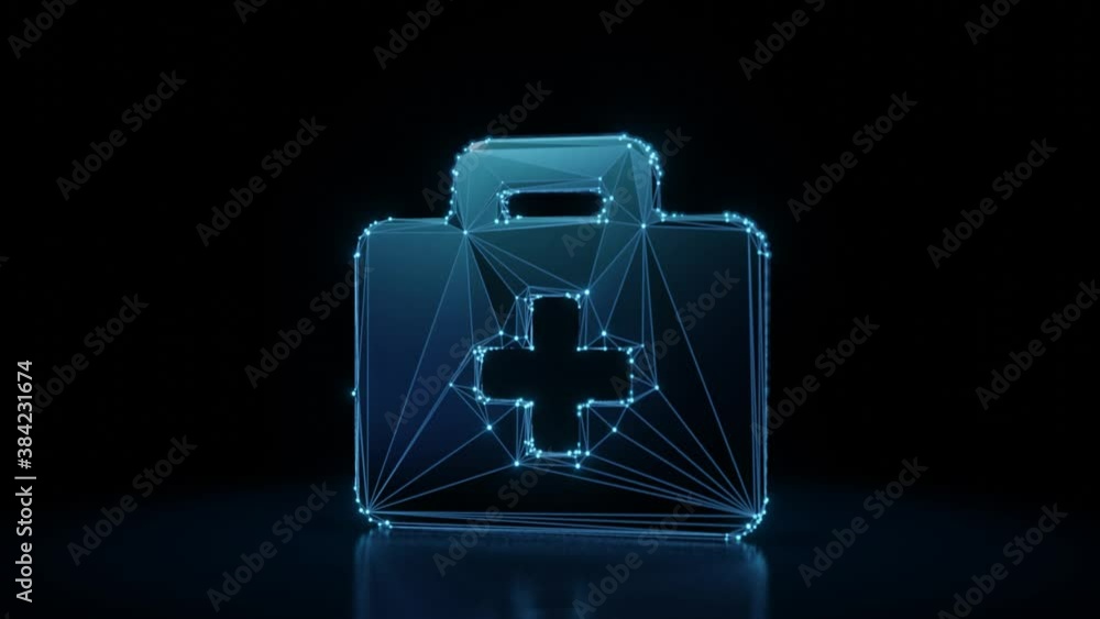 Poster 3d rendering 4k fly through wireframe neon glowing symbol of medical briefcase with cross with brigh