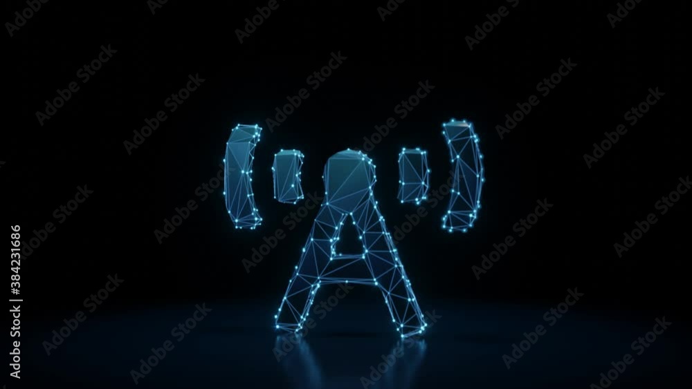 Poster 3d rendering 4k fly through wireframe neon glowing symbol of broadcast tower with bright dots on dar