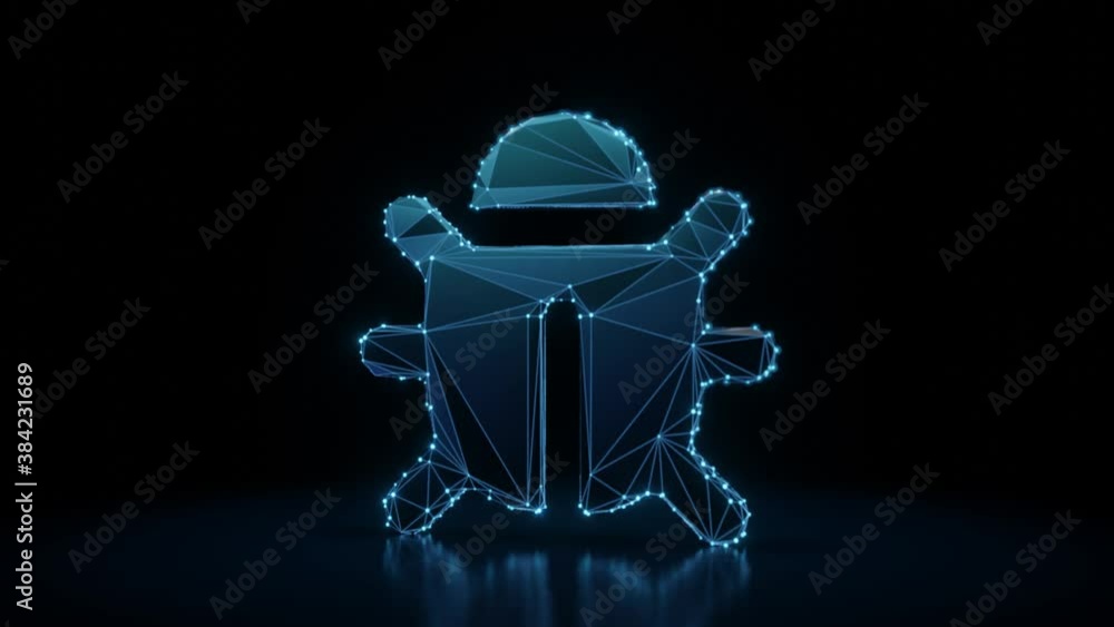 Poster 3d rendering 4k fly through wireframe neon glowing symbol of bug with six legs with bright dots on d